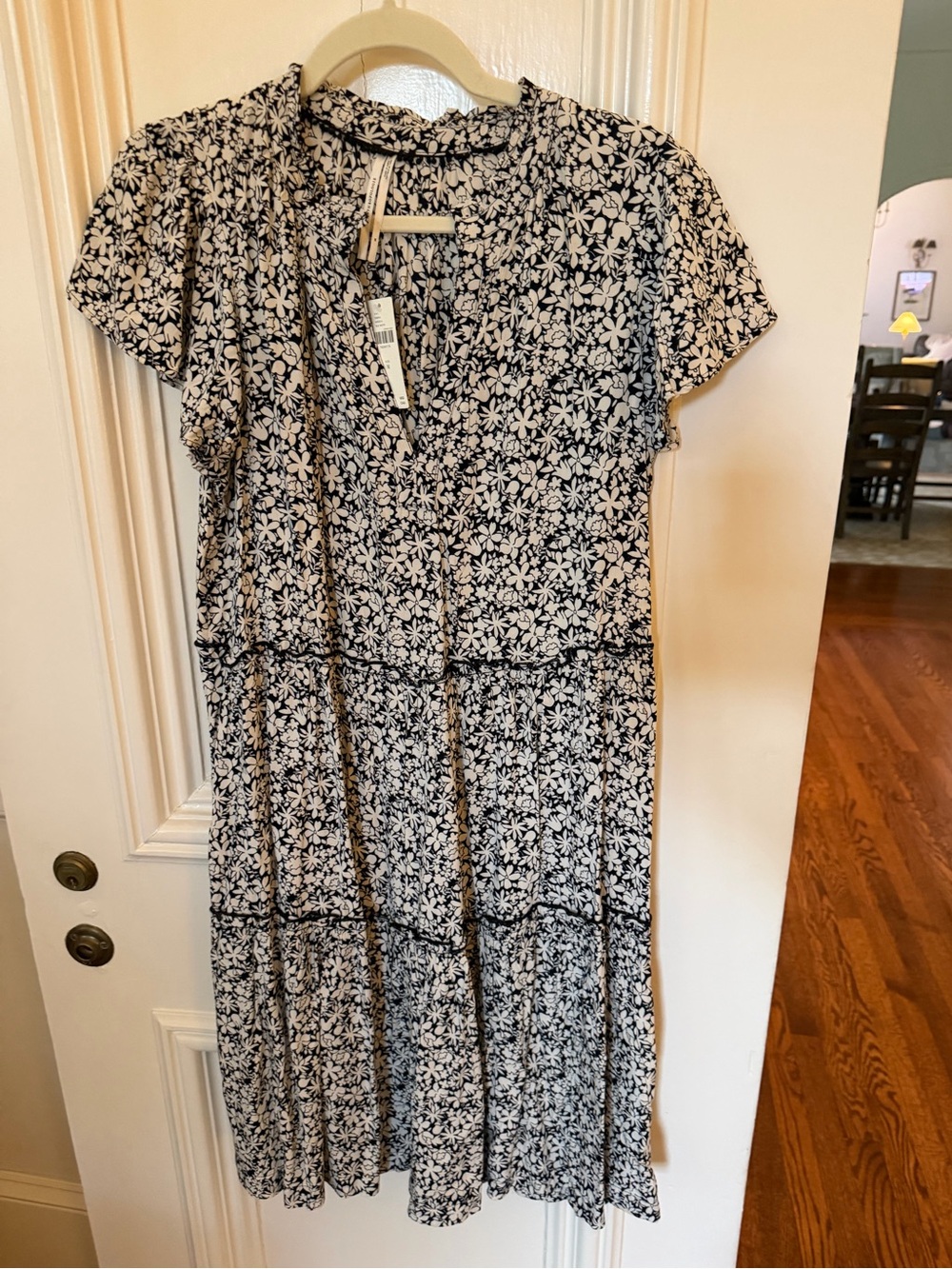 Anthropologie Black & White Floral Tiered Midi Dress